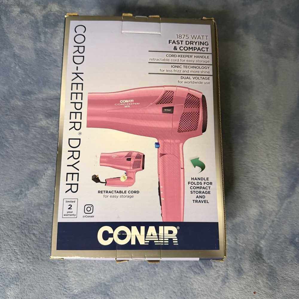 Conair Retractable Cord Keeper Hair Dryer Pink ~New